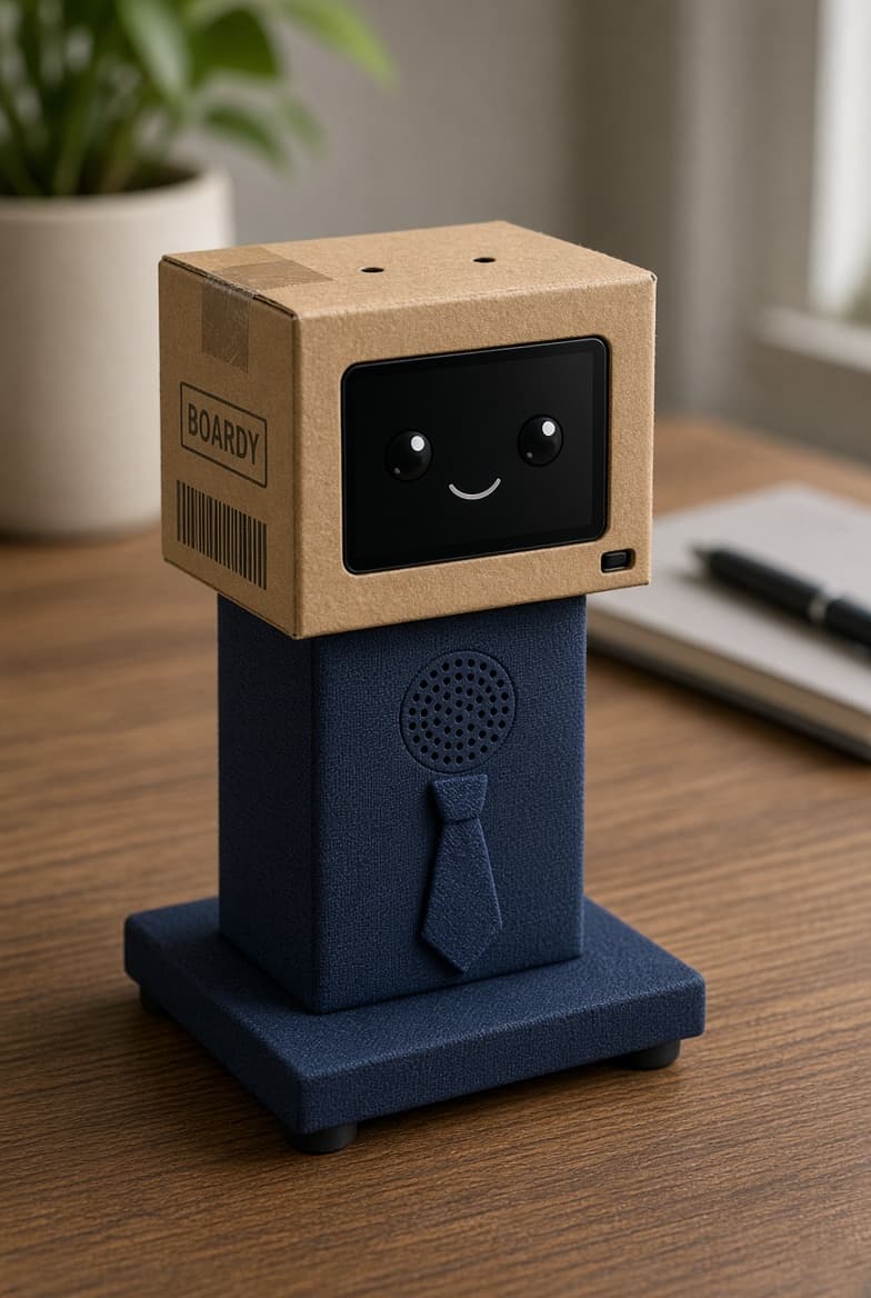Boardy on the desk: kraft cardboard head with BOARDY and a barcode on the side, white OLED smile, navy fabric body with speaker grille and tie