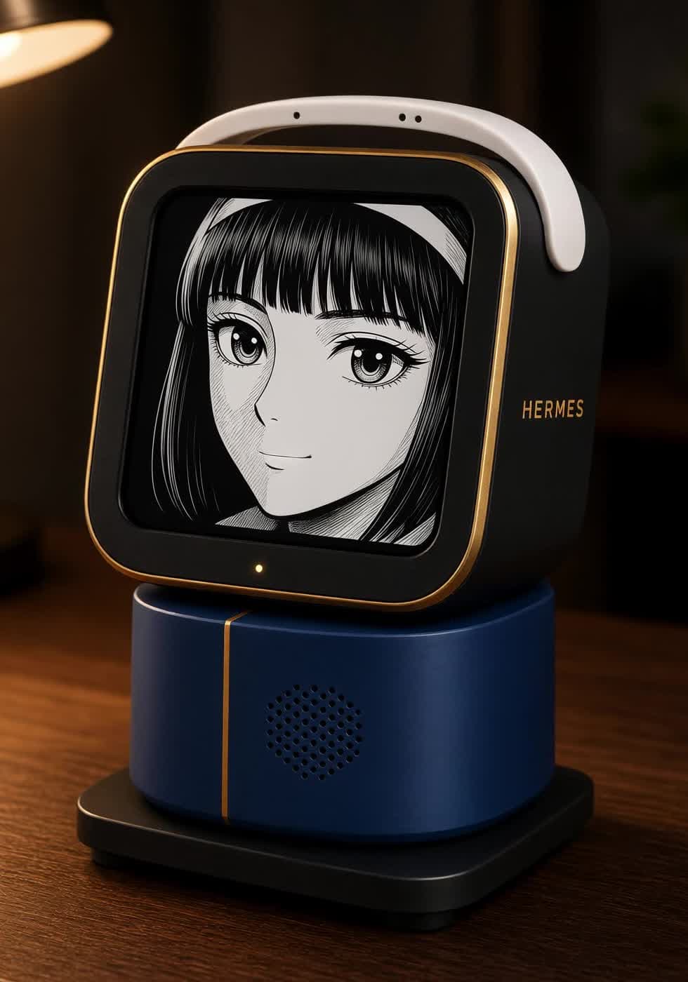 Hermes on the desk: gold bezel, white handle, navy base, B&W manga girl on the OLED