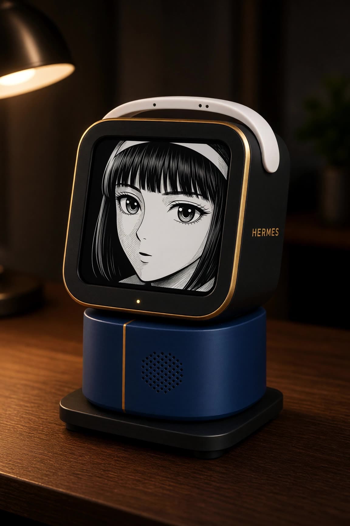 Hermes from the action clip: gold bezel, white handle, navy base, manga girl on the OLED